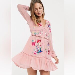 NEW Pink Embroidered lace detail mini Dress